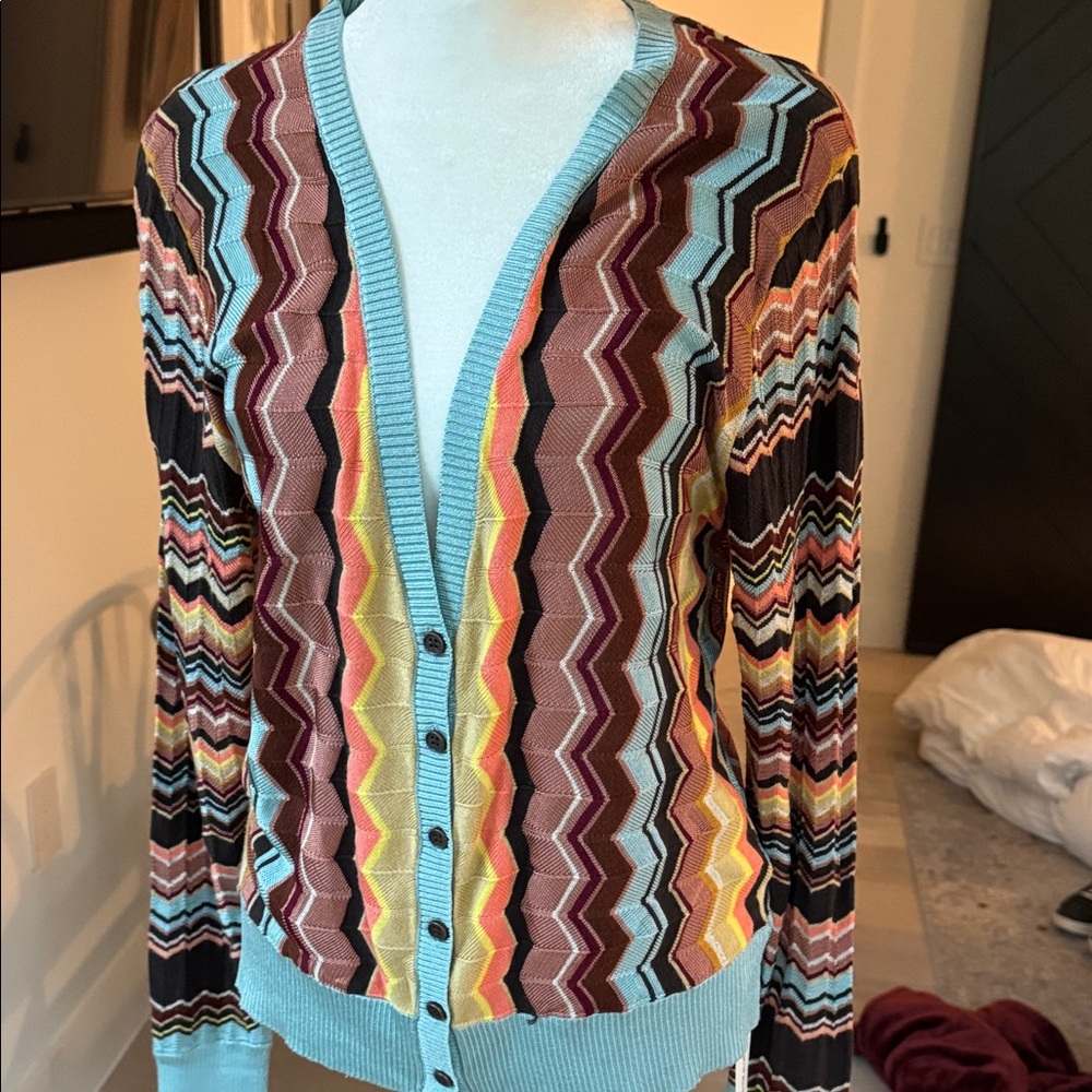 Missoni Multicolor Zigzag Knit Cardigan Sweater - Blue Trim